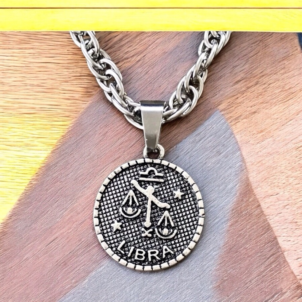 🆕 Libra Rustic Coin Pendant Necklace Stainless Steel